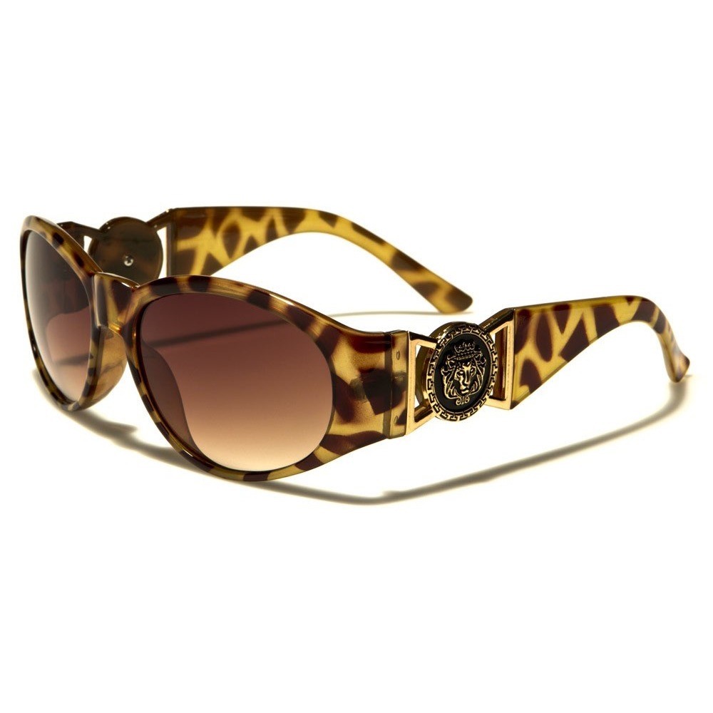BROWN TORTOISE GOLD LION HEAD MEDALLION SQUARE SUNGLASSES RETRO DESIGNER FASHION